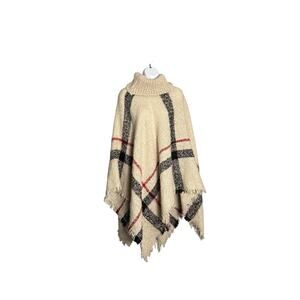 On Blue Plaid Fringe Poncho Sweater